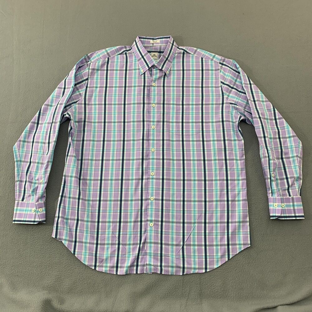 Peter Millar Dress Shirt Mens XL Purple Teal Plaid Seaside Finish Button Down